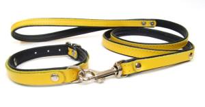 Halsband + Leine Lederset  inkl.Hundename + Schmuck YELLOW