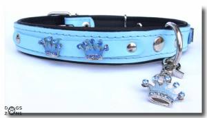 Halsband + Leine Lederset  inkl.Hundename + Schmuck LIGHT BLUE