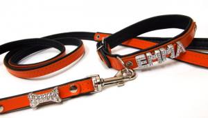 Halsband + Leine Lederset  inkl.Hundename + Schmuck ORANGE