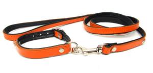 Halsband + Leine Lederset  inkl.Hundename + Schmuck ORANGE