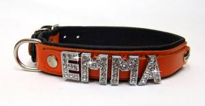 Halsband + Leine Lederset  inkl.Hundename + Schmuck ORANGE