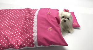 Hunde Bettdecke mit Kissen PINK DOTS