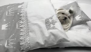 Hunde Bettdecke mit Kissen KRONE GRAU