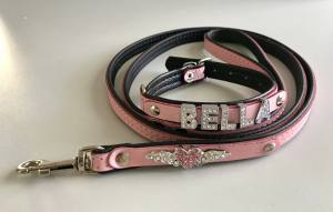 Halsband + Leine Lederset  inkl.Hundename + Schmuck ROSA