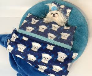 Hunde Bettdecke mit Kissen Blau Malteser HANDMADE