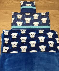 Hunde Bettdecke mit Kissen Blau Malteser HANDMADE