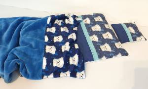 Hunde Bettdecke mit Kissen Blau Malteser HANDMADE