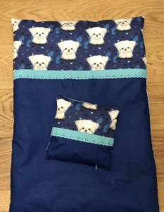 Hunde Bettdecke mit Kissen Blau Malteser HANDMADE