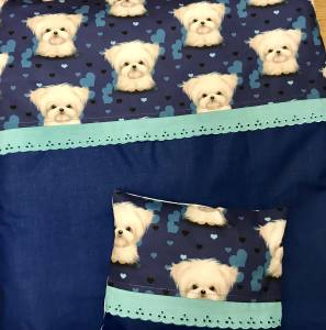 Hunde Bettdecke mit Kissen Blau Malteser HANDMADE