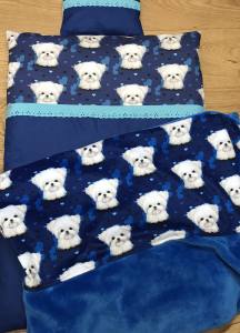 Hunde Bettdecke mit Kissen Blau Malteser HANDMADE