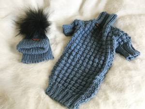 Hundepullover ,Strickpullover mit Mütze  BELLO BLAU Handarbeit