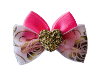 Hunde Schleife ,Spange GOLD HEART ROSA-Weiss